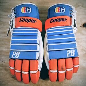 Vintage Cooper Hockey Gloves 15" Blue Orange #28 Oilers Islanders Style SOFT